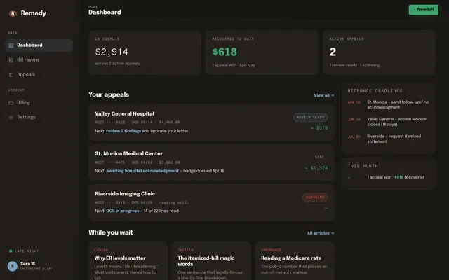 Medical Bill Appeal product screen